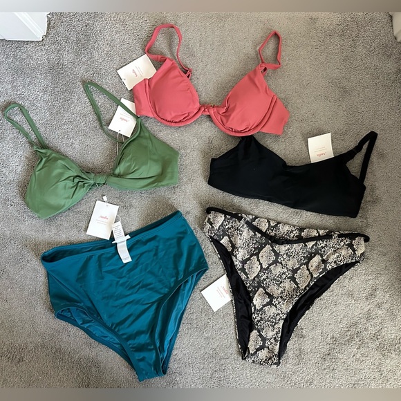 Andie Swim Bikini Bundle 3 Tops 2 High Waisted Bottom Size Small Blue Green Pink - Picture 1 of 8